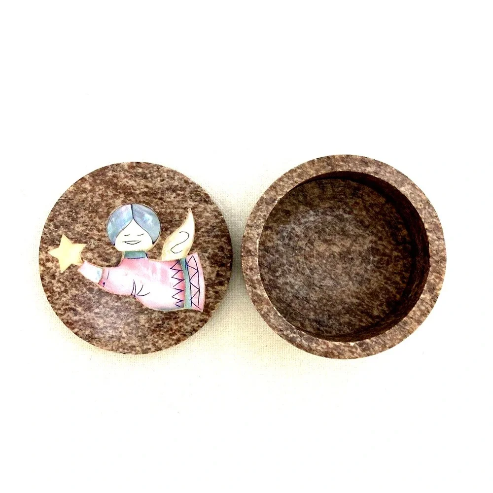 Carved Stone Trinket Box Round Brown Mother of Pearl Angel Inlay 2.5